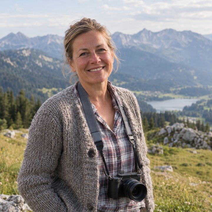Barbara Hinterberger, Naturfotografin, auf einer Almwiese bei Salzburg
