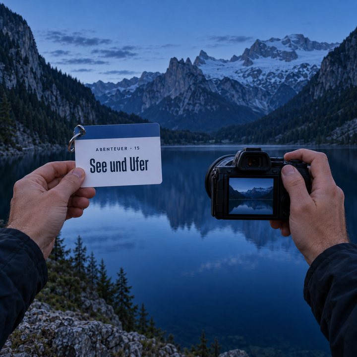 Hände halten eine Kamera am Gosausee nach Sonnenuntergang, in der anderen Hand ein Spickzettel «See und Ufer»