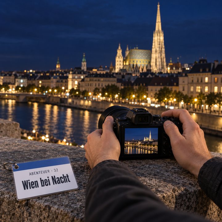 Hände stützen eine Kamera auf eine Steinmauer, im Hintergrund der beleuchtete Stephansdom in Wien, daneben der Spickzettel «Wien bei Nacht»