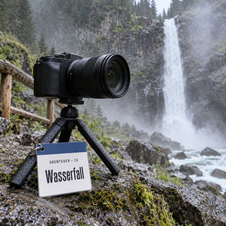 Kamera auf einem kleinen Stativ an den Krimmler Wasserfällen in den Hohen Tauern, am Stativ lehnt der Spickzettel «Wasserfall»