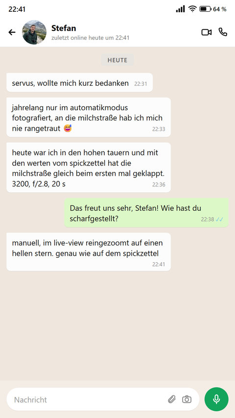 Ein Hobbyfotograf schreibt, dass ihm die Milchstraße beim ersten Mal mit den Werten vom Spickzettel gelungen ist
