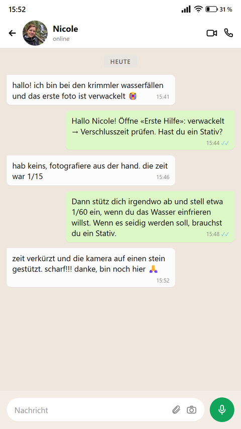 Jemand schreibt, dank der Erste Hilfe sofort ein verwackeltes Foto korrigiert zu haben