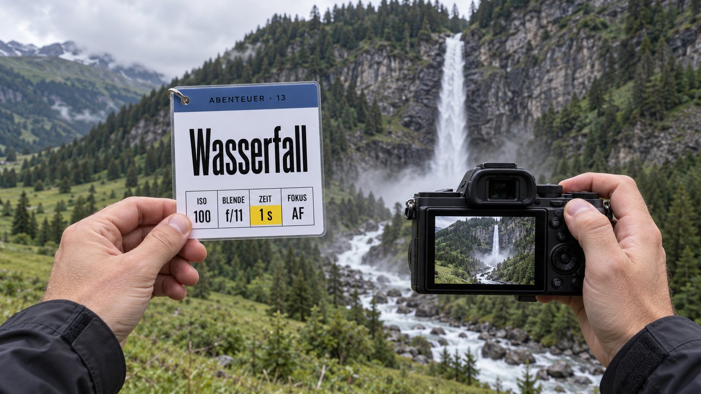Hände halten eine Kamera vor einem Wasserfall, in der anderen Hand ein Spickzettel «Wasserfall» mit vier Werten