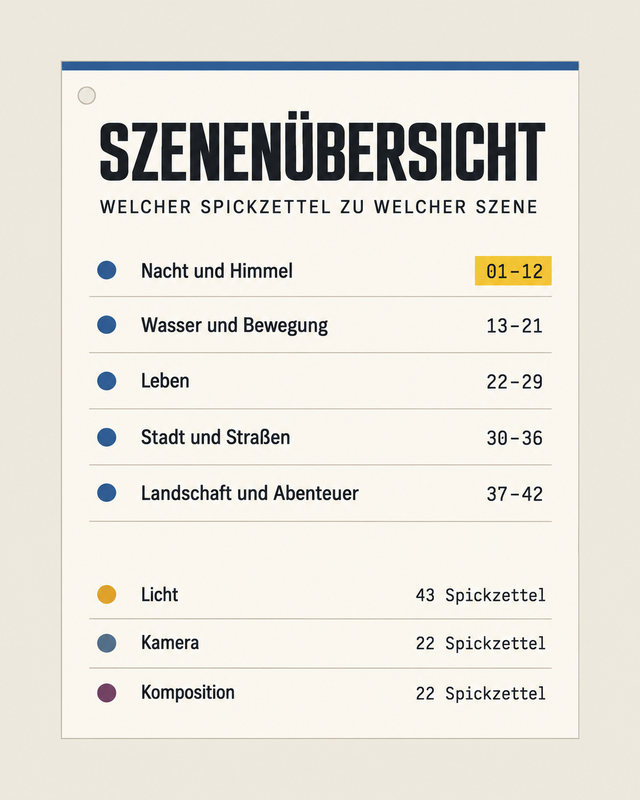 Szenenübersicht: welcher Spickzettel zu welcher Szene